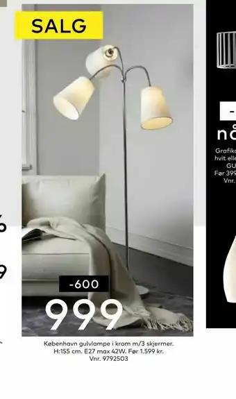 Skeidar København gulvlampe i krom m/3 skjermer tilbud