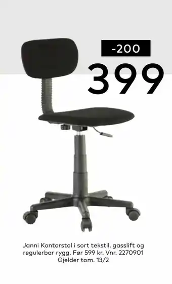Skeidar Janni Kontorstol i sort tekstil, gasslift og regulerbar rygg tilbud