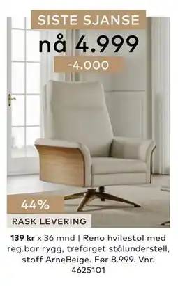 Skeidar Reno hvilestol med reg.bar rygg tilbud