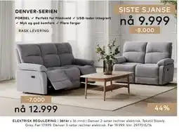 Skeidar Denver 2-seter recliner elektrisk tilbud