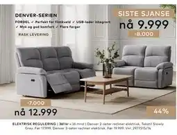 Skeidar Denver 3-seter recliner elektrisk tilbud