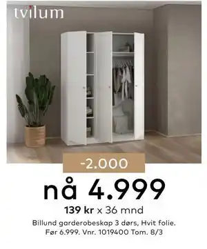 Skeidar Billund garderobeskap 3 dørs tilbud