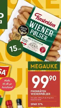 Coop Mega FINSBRÅTEN WIENERPØLSER SPAR 37% tilbud