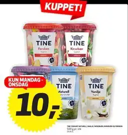 Bunnpris TINE YOGHURT NATURELL, VANILIE, SKOGSBER, KIRSEBÆR OG FERSKEN tilbud