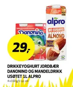 Bunnpris DRIKKEYOGHURT JORDBÆR DANONINO OG MANDELDRIKK USØTET 1L ALPRO tilbud