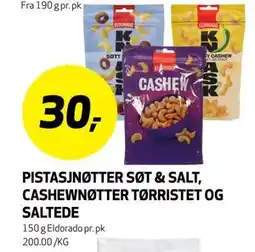 Bunnpris PISTASJNØTTER SØT & SALT, CASHEWNØTTER TØRRISTET OG SALTEDE tilbud