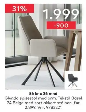 Skeidar Glenda spisestol med arm tilbud