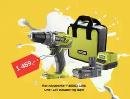 Montér RYOBI Bor-/skrutrekker R18DD3-120S One+ 18V m/batteri og lader tilbud