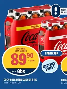 Coop Obs COCA-COLA UTEN SUKKER 8 PK, Medlemspris tilbud