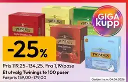 Gigaboks Et utvalg Twinings te 100 poser tilbud