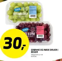 Bunnpris GRØNNE OG RØDE DRUER I BEGER tilbud