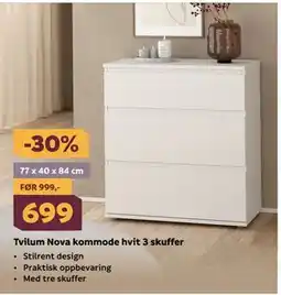 Megaflis Tvilum Nova kommode hvit 3 skuffer tilbud