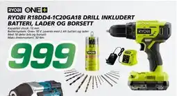 Coop Byggmix RYOBI R18DD4-1C20GA18 DRILL INKLUDERT BATTERI, LADER OG BORSETT tilbud