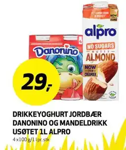 Bunnpris DRIKKEYOGHURT JORDBÆR DANONINO OG MANDELDRIKK USØTET 1L ALPRO tilbud