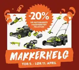 Byggmakker 20% PÅ MOTORISERTE HAGEVERKTØY FRA RYOBI tilbud
