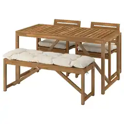 IKEA NÄmmarÖ Bord + 2 stoler + benk, utendørs, lys brunbeiset/kuddarna lys gråbeige, 140x75 cm tilbud