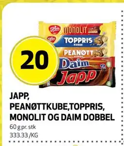 Bunnpris JAPP, PEANØTTKUBE, TOPPRIS, MONOLIT OG DAIM DOBBEL tilbud