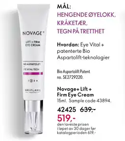 Oriflame Novage+ Lift + Firm Eye Cream tilbud