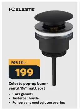 Megaflis Celeste pop-up bunnventil 1¼” matt sort tilbud