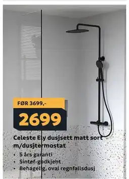 Megaflis Celeste Ely dusjsett matt sort m/dusjtermostat tilbud