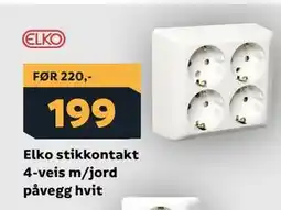 Megaflis Elko stikkontakt 4-veis m/jord påvegg hvit tilbud