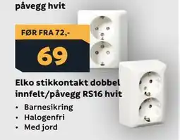 Megaflis Elko stikkontakt dobbel innfelt/påvegg RS16 hvit tilbud