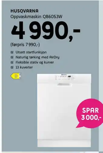 ELON Husqvarna Oppvaskmaskin QB6053W tilbud