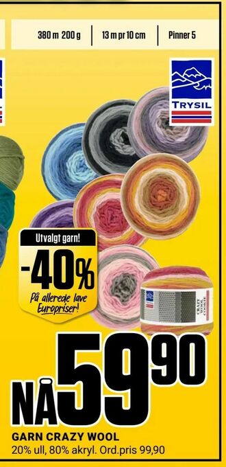 Europris GARN CRAZY WOOL tilbud