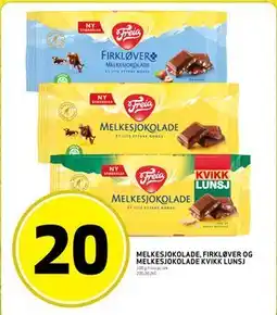 Bunnpris MELKESJOKOLADE, FIRKLØVER OG MELKESJOKOLADE KVIKK LUNSJ tilbud