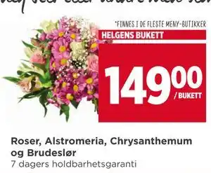 Roser, Alstromeria, Chrysanthemum og Brudeslør