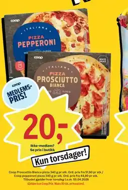 Coop Prix Coop Proscuttio Bianca pizza 340 g, Coop pepperoni pizza 340 g, Medlemspris tilbud