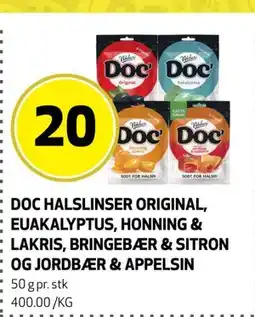 Bunnpris DOC HALSLINSER ORIGINAL, EUAKALYPTUS, HONNING & LAKRIS, BRINGEBÆR & SITRON OG JORDBÆR & APPELSIN tilbud