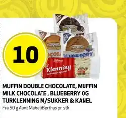 Bunnpris MUFFIN DOUBLE CHOCOLATE, MUFFIN MILK CHOCOLATE, BLUEBERRY OG TURKLENNING M/SUKKER & KANEL tilbud