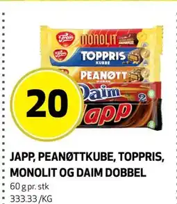Bunnpris JAPP, PEANØTTKUBE, TOPPRIS, MONOLIT OG DAIM DOBBEL tilbud