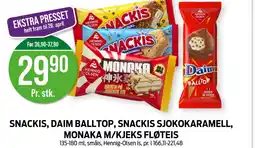 Kiwi Snackis, Daim balltop, Snackis sjokokaramell, Monaka m/kjeks fløteis tilbud
