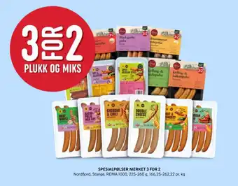 Rema 1000 Spesialpølser merket 3 for 2 tilbud