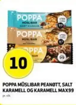 Bunnpris Poppa müslibar peanøtt, salt karamell og karamell max99 tilbud