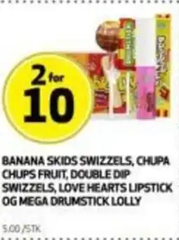 Bunnpris Banana skids swizzels, chupa chups fruit, double dip swizzels, love hearts lipstick og mega drumstick lolly tilbud