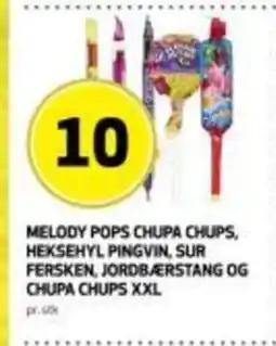 Bunnpris Melody pops chupa chups, heksehyl pingvin, sur fersken, jordbærstang og chupa chups xxl tilbud