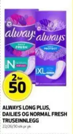 Bunnpris Always long plus, dailies og normal fresh truseinnlegg tilbud