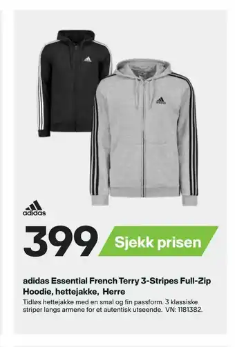 XXL Sport adidas Essential French Terry 3-Stripes Full-Zip Hoodie, hettejakke, Herre tilbud