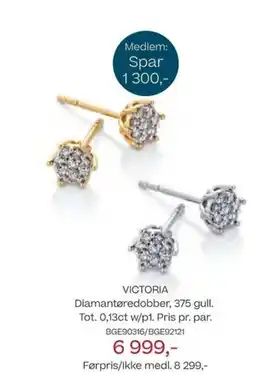 Bjørklund Victoria diamantøredobber, 375 gull. tot. 0,13ct w/p1. pris pr. par. tilbud