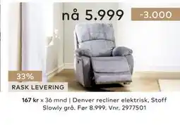 Skeidar Denver recliner elektrisk tilbud