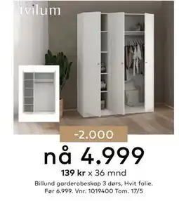 Skeidar Billund garderobeskap 3 dørs tilbud