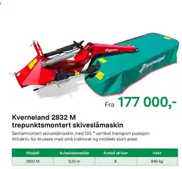 Felleskjøpet Kverneland 2832 M trepunktsmontert skiveslåmaskin tilbud