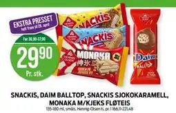 Kiwi SNACKIS, DAIM BALLTOP, SNACKIS SJOKOKARAMELL, MONAKA M/KJEKS FLØTEIS tilbud