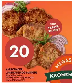 Coop Mega KARBONADER, LUNSJKAKER OG BURGERE tilbud