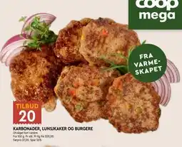 Coop Mega KARBONADER, LUNSJKAKER OG BURGERE tilbud