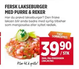 Meny FERSK LAKSEBURGER MED PURRE & REKER tilbud