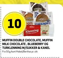Bunnpris MUFFIN DOUBLE CHOCOLATE, MUFFIN MILK CHOCOLATE, BLUEBERRY OG TURKLENNING M/SUKKER & KANEL tilbud